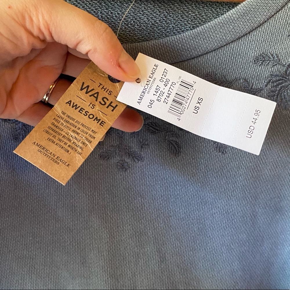 American Eagle Outfitters Blue Grey Flower Embroidered Sweatshirt Size XS - Picture 7 of 9